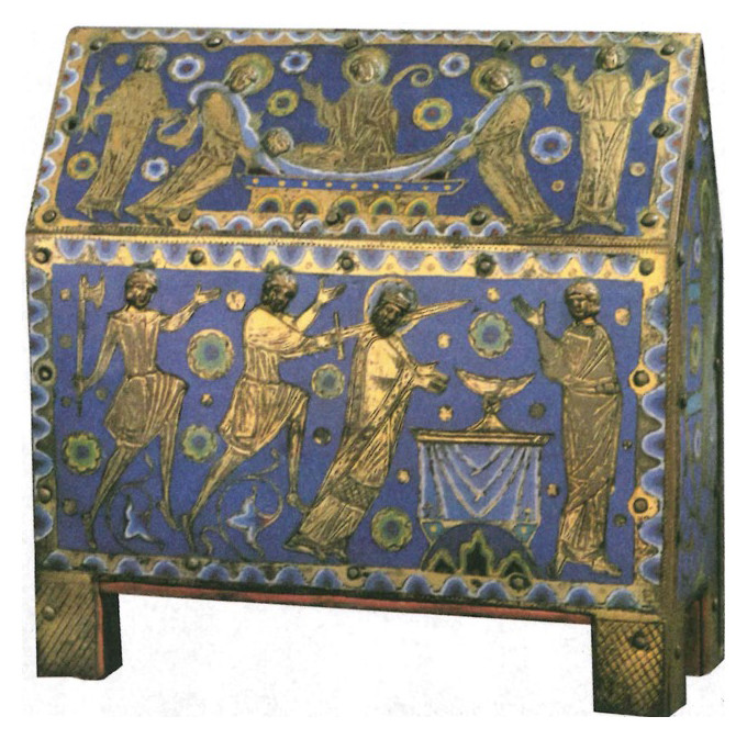 Kästchen aus Limoges-Emaille mit Darstellungen des Hl. Thomas Becket. Im Besitz der Kirchengemeinde St. Laurentius, Clarholz/Westf.